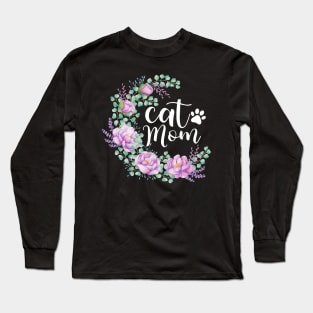 Cat mom watercolor floral Design Long Sleeve T-Shirt